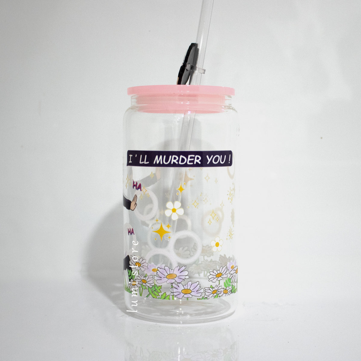 Gojo from Jujutsu Kaisen 16oz glass tumbler - detail view